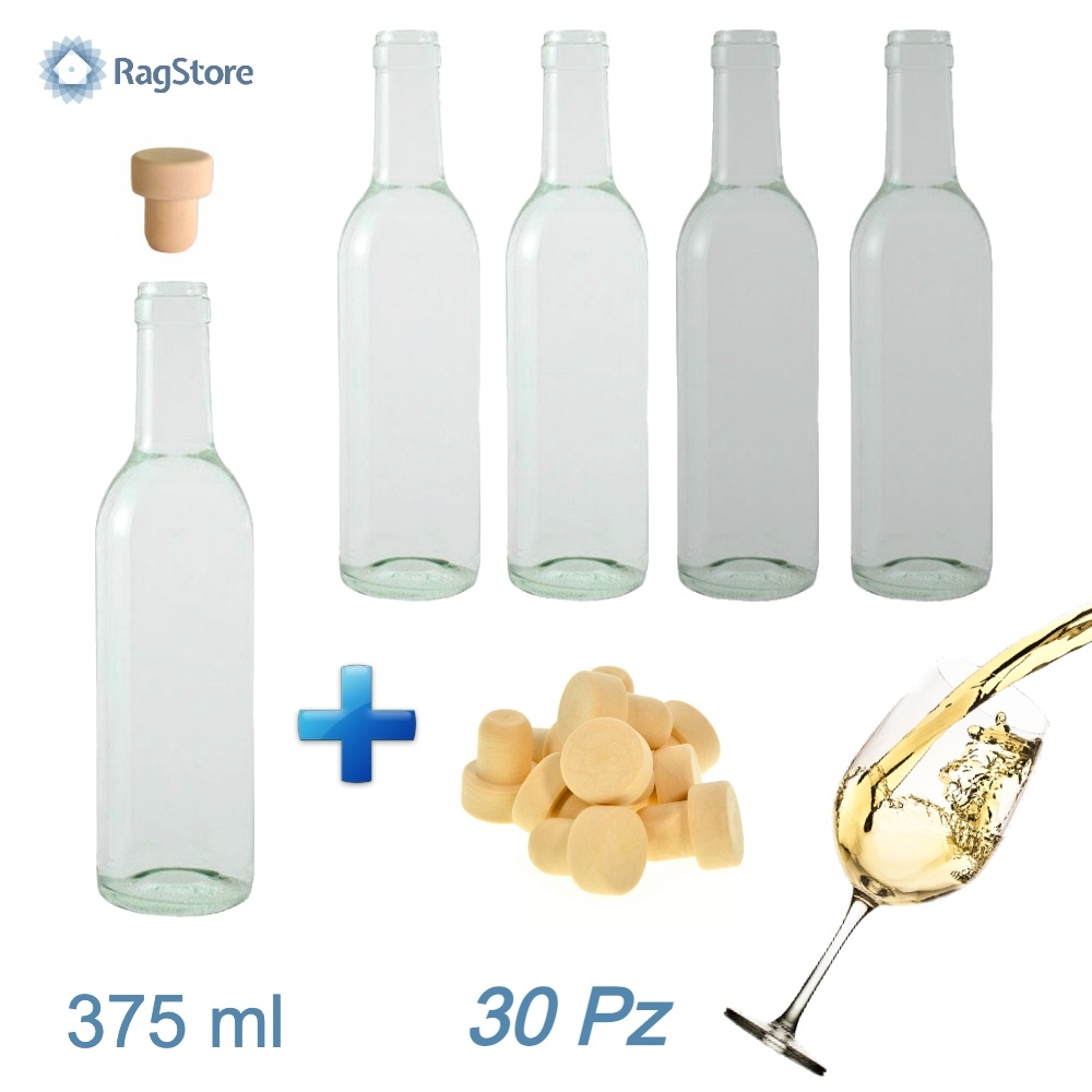  30 pz Bottiglie Bordolesi per Vino da 375 ml trasparenti con tappi 