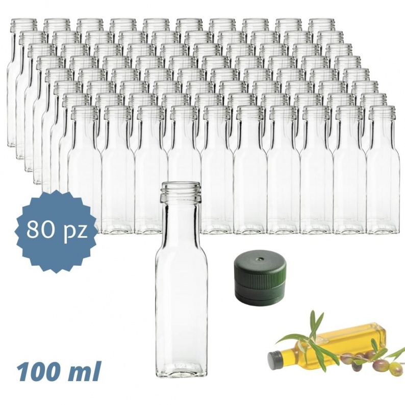 80 Pz bottiglie Marasca trasparenti da 100 ml con tappi verde
